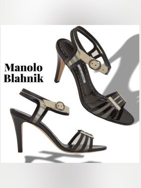 Manolo Blahnik CHA’AM Black and Beige Strappy Patent Leather Heels. NIB